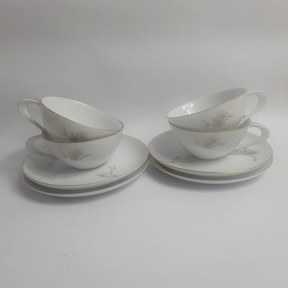 FOUR Sango Larchmont Cup & Saucer Sets White with Brown Pine Branch